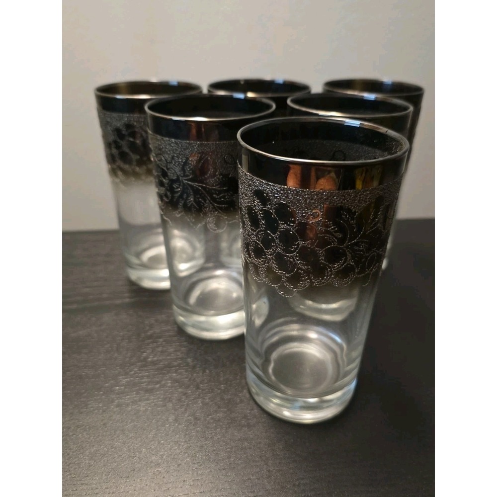 6 Dorothy Thorpe Queens Luster High Ball Glasses Silver Ombre Grapevine Leaf MCM